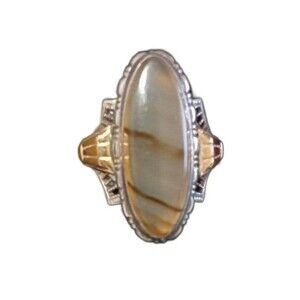Beautiful Color Agate Victorian Ring in Silver w Rose Gold Plated Detail Band
